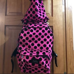 Justice backpack with detachable hood.